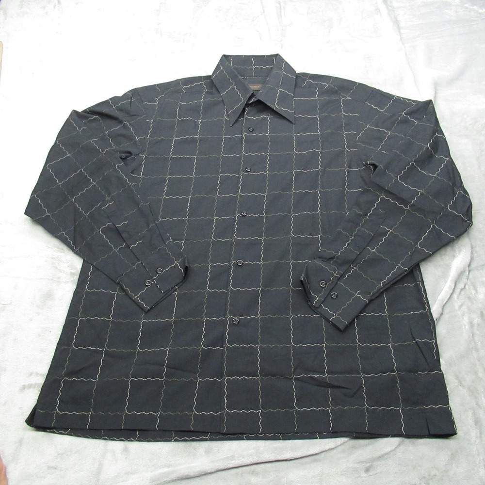 PUNTODUE Shirt Mens Large Black Gold Check Casual Dress Formal Button Italy Made
